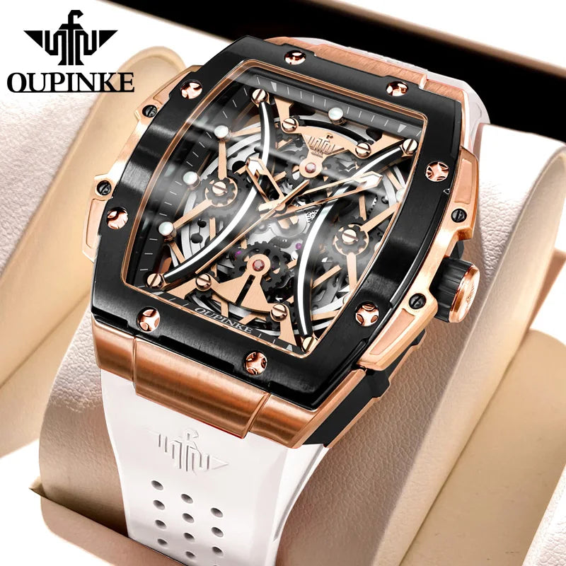 Reloj OUPINKE para hombre, clásico de lujo, esfera tonneau, marca premium original, movimiento mecánico automático, correa de silicona, cristal de zafiro, nuevo