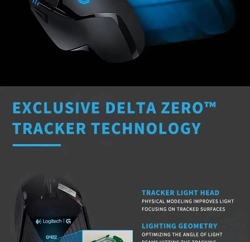 Mouse gaming cablato Logitech G402, processore ARM a 32 bit, 8 pulsanti, 500 IPS, antiscivolo, per sessioni di gioco e lavoro per tutto il giorno