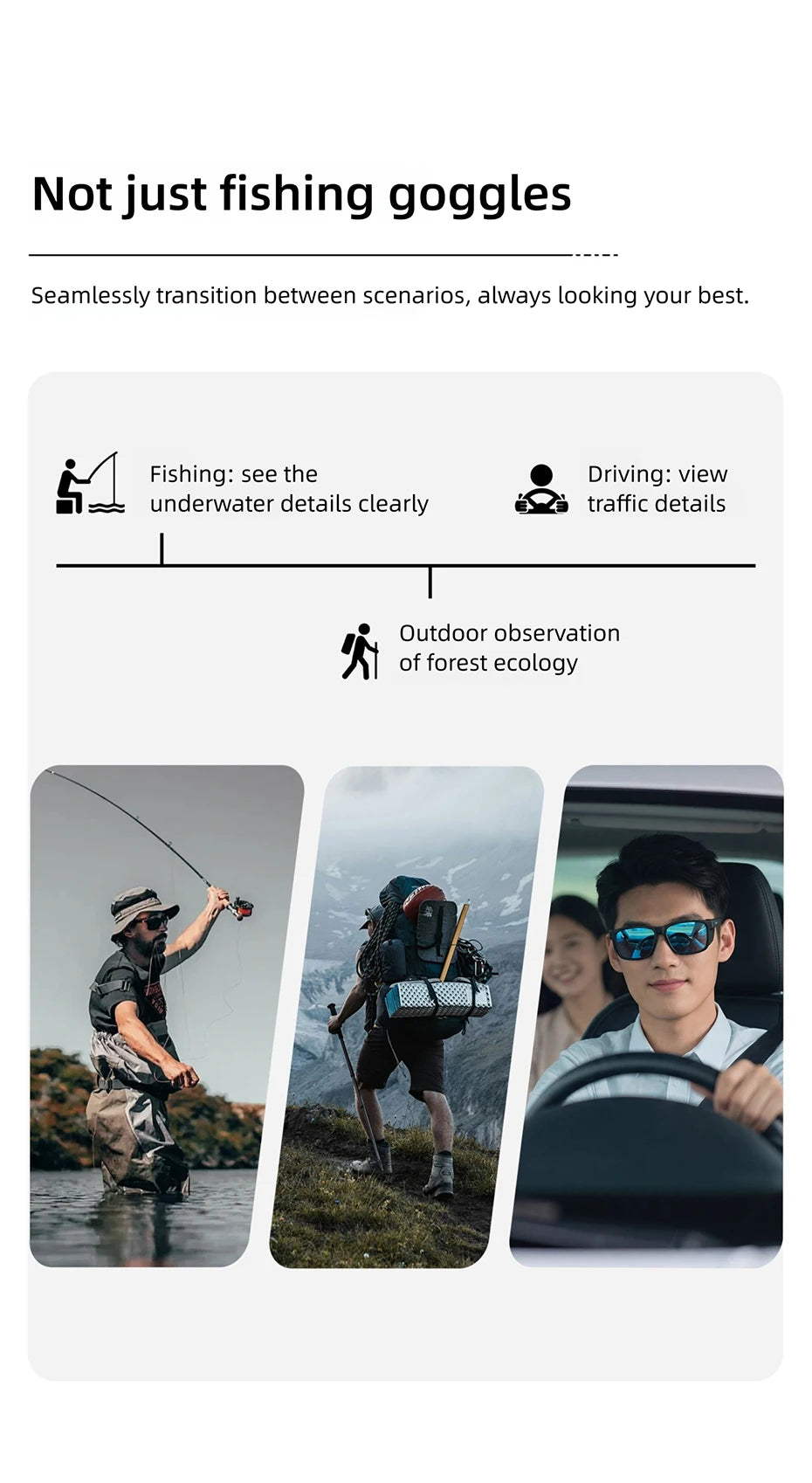 CAPONI Polarized Men Sunglasses Outdoor Sport Fishing Sun Glasses Square Anti-Oil and Water Blue HD Lenses Black Shades CP36505