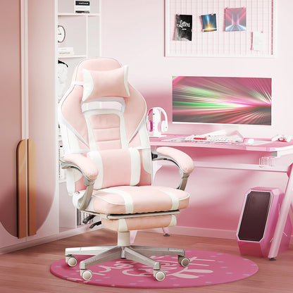 Pink Gaming Chair with Footrest, Adjustable, Headrest & Lumbar Pillow, 360° Swivel, High Back, Faux Leather, Max Load 120kg