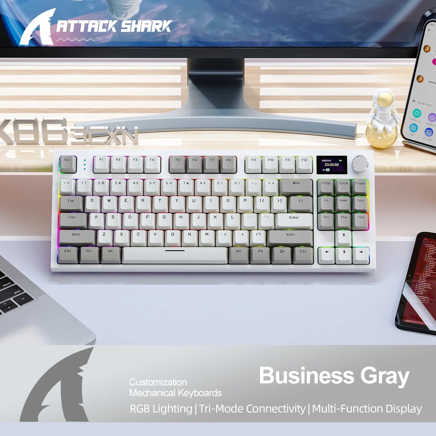 Attack Shark K86 Wireless Mechanical Keyboard, TFT Display, Metal Knob, RGB Backlit, Hot-Swappable, Bluetooth for Gaming & Office