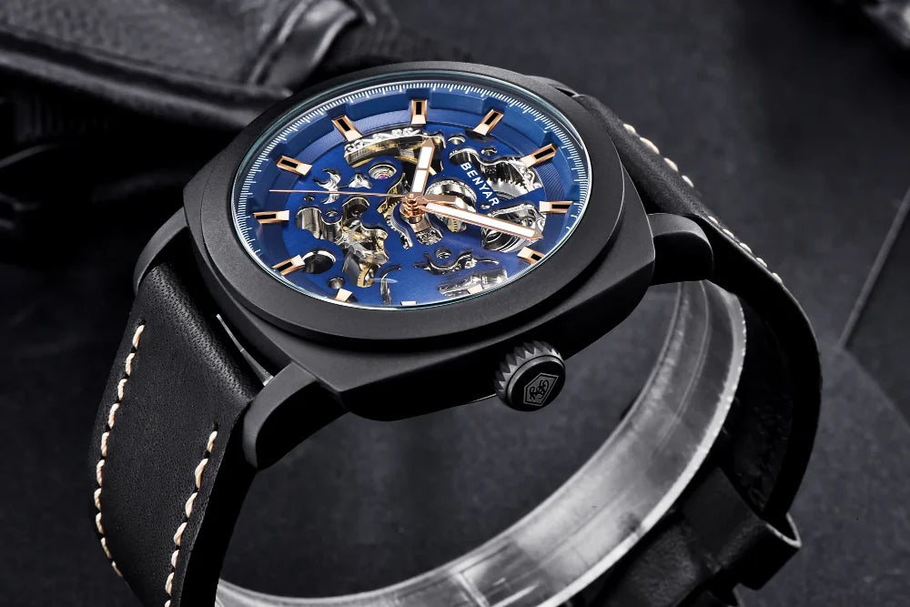 BENYAR Watch for Men Luxury Skeleton Tourbillon Automatic Mechanical Mens Watch 30M Waterproof Leather Strap Sports Reloj Hombre