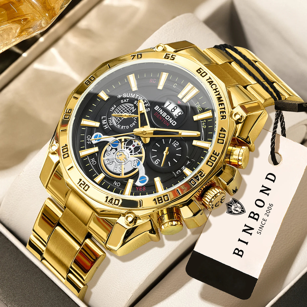 Montres à quartz de luxe BINBOND pour hommes, lumineuses, étanches, avec date automatique, précises et durables, style sport et affaires.