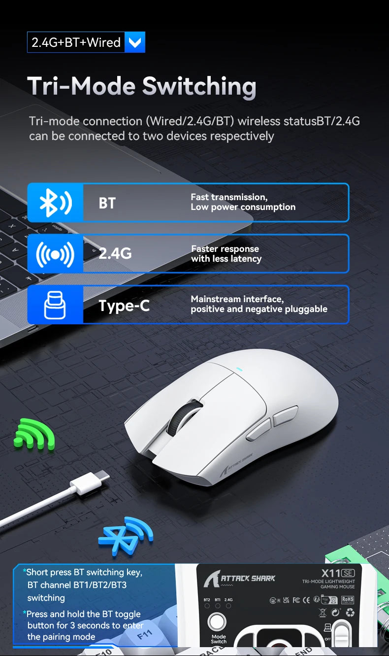 ATTACK SHARK X11SE Wireless Gaming Mouse, Tri-Mode, 63g Superlight With PAW3311 Sensor, 22000 DPI, 300mAh Battery, Dual Driver