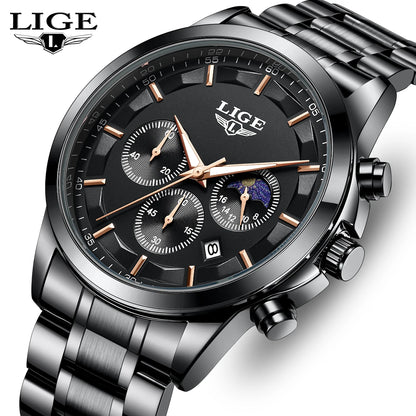 Montre pour homme LIGE – Chronographe à quartz de luxe, étanche (3 bars), avec aiguilles luminescentes