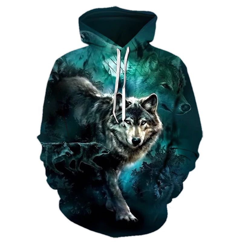 3D Wolf Pattern Printed Hooded Sweatshirt Fashion And Casual Men's Oversized Pullover Harajuku Street Design Hooded Sweatshirt
