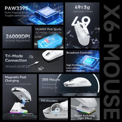 ATTACK SHARK X6 Tri-Mode Gaming Mouse with Magnetic Charging Dock, 26K DPI PixArt PAW3395 Sensor, 49g Ultralight Wireless Gaming Mouse for PC, Mac & Xbox