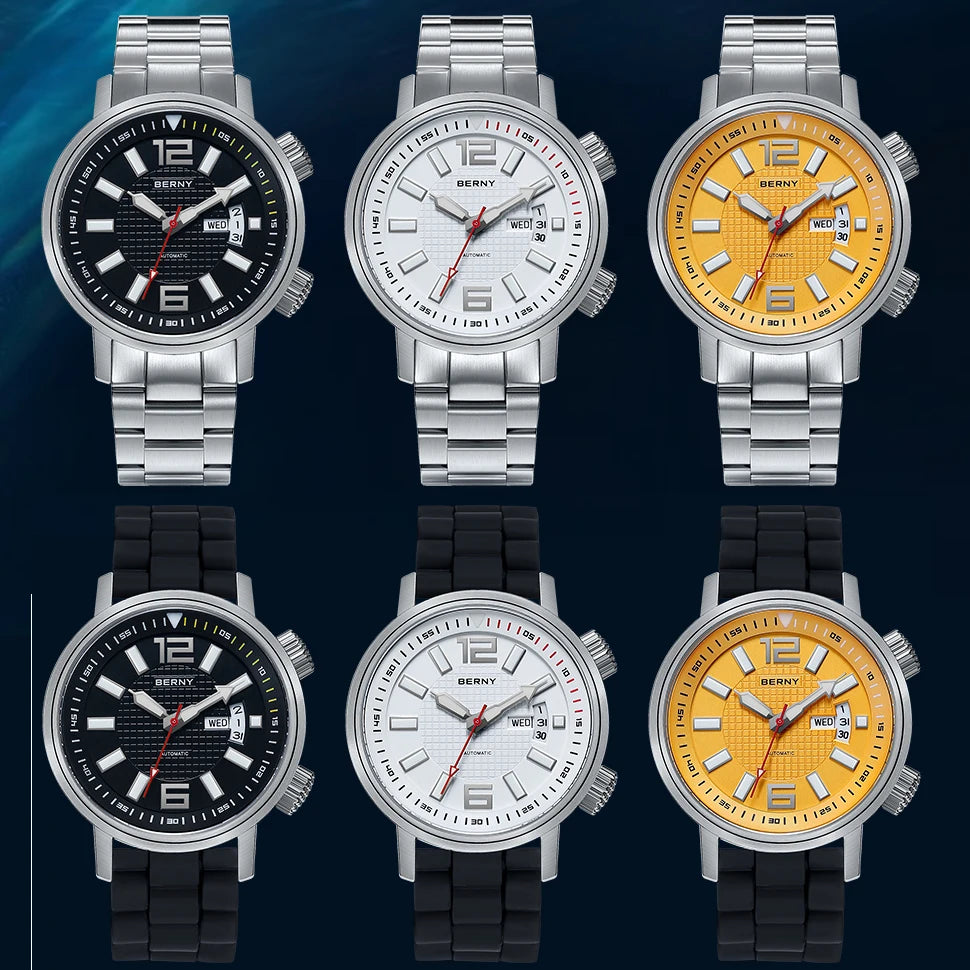 BERNY 20ATM Diver Automatic Mechanical Watch for Men Super Luminous Waterproof Swimming Dive Wristwatch Sapphire Self Winding