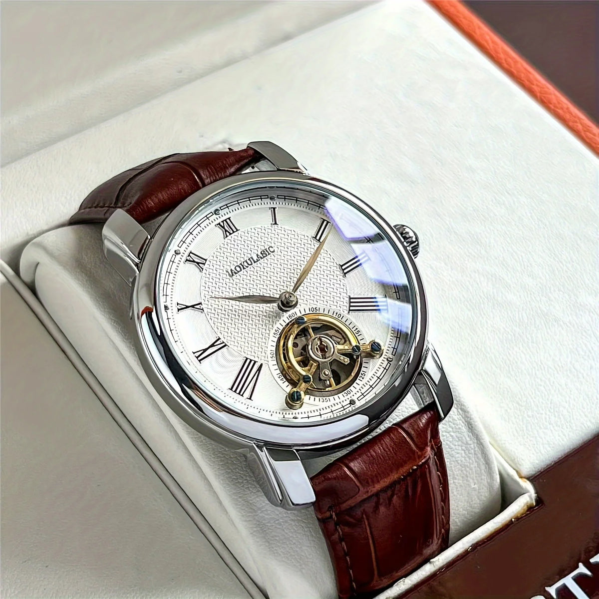 Automatisch mechanisch herenhorloge – Elegant opengewerkt ontwerp, trendy ‘business casual’-stijl, behuizing van legering en leren band, zonder batterij
