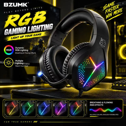 Casque de jeu filaire BZUMK H2, son surround 7.1 RGB, haut-parleurs de 50 mm, casque supra-auriculaire, microphone à réduction de bruit pour PC, PS4, PS5