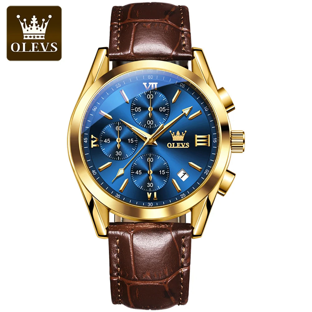 OLEVS 2872 kronografarmbandsur för män – Läderarmband, vattentätt, självlysande visare, kvartsverk, lyxig sportstil