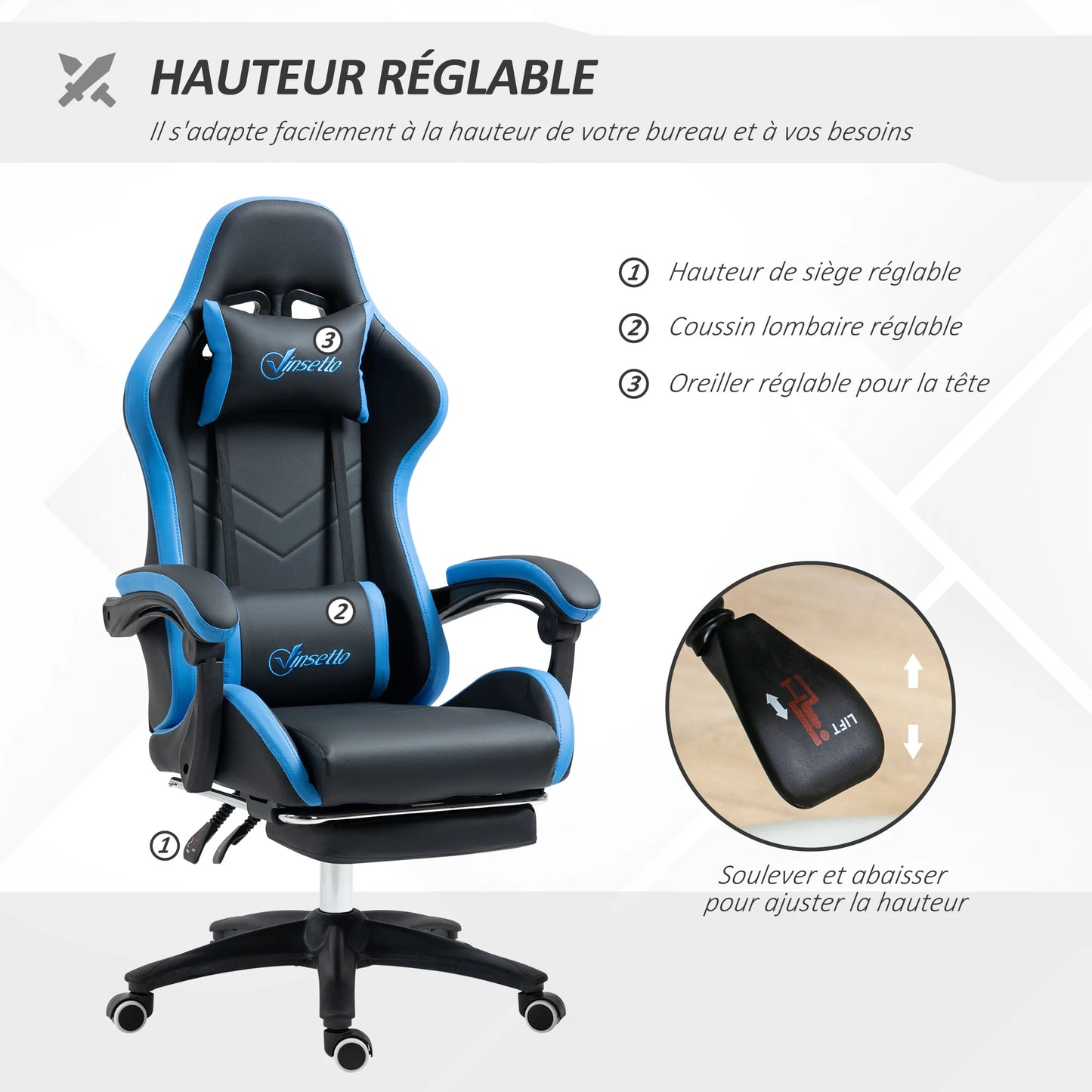 Gaming Chair with footret, Ergonomic Gaming Chair with Lumbar Cushion, head, Gaming Chair, Adjustable heights compitter Chair