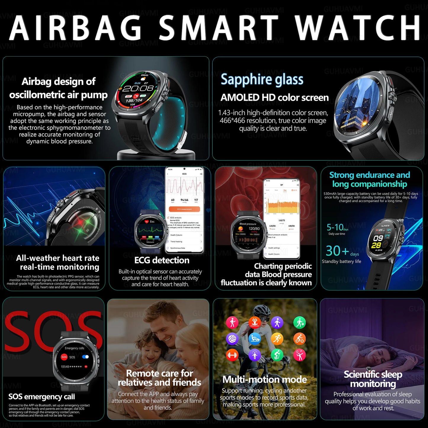2026 New Health Track Smartwatch Air Pump Airbag True Blood Pressure Health Measure Smart Watch for Men and Women Blood Oxygen BT Call