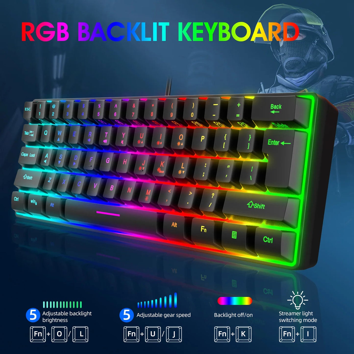 Russian Keyboard English RGB Lighting 61 Keys 60% Layout Gaming Keyboard ISO USB Wired Full Key No Impact K401 For Game Office