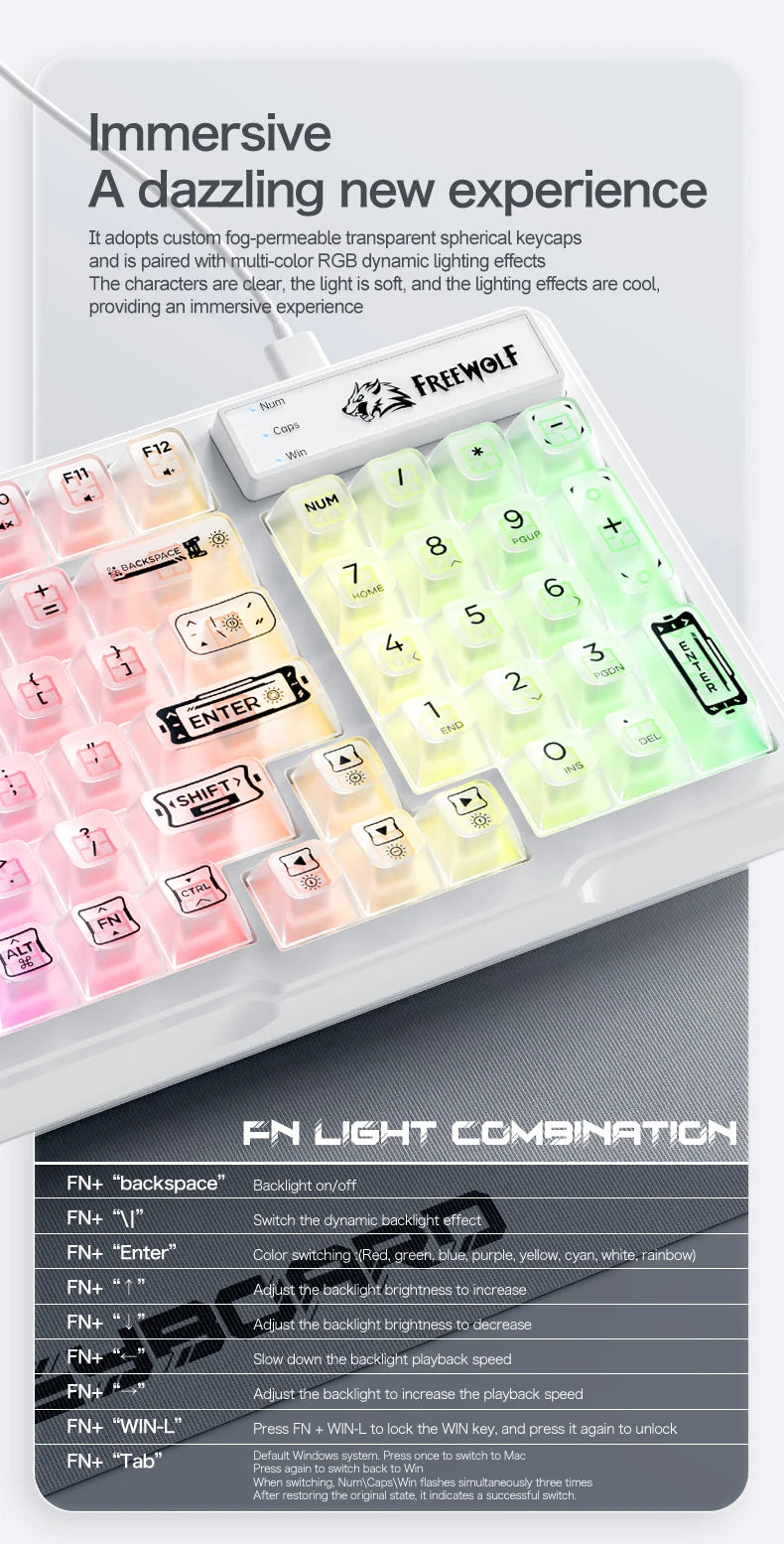 Teclado com fios FREEWOLF M95 com design transparente RGB, ideal para gaming, trabalho de escritório e vários outros cenários