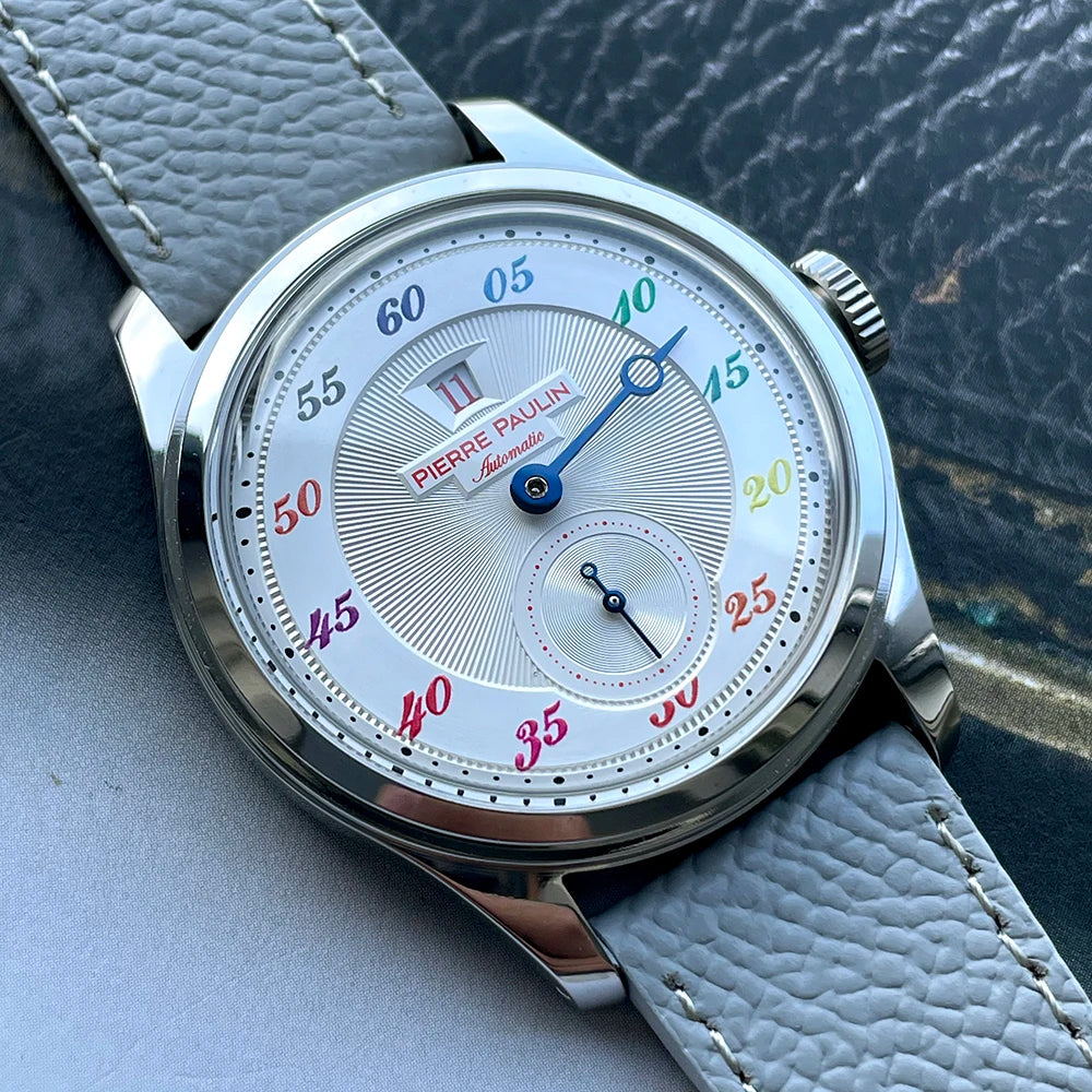 NEW Pierre Paulin Jumping Hour Men's Watch Automatic ST17 Mechanical Watch Steel Purple Vintage Date Window 38mm Metal
