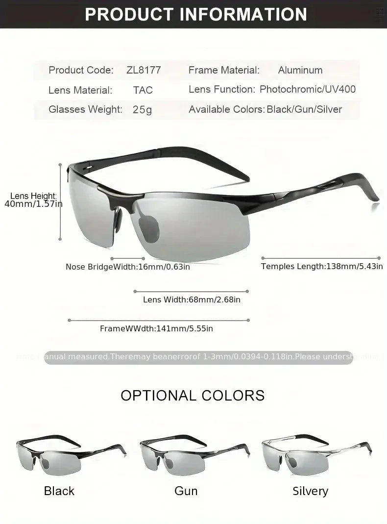 CLLOIO Aluminum Rimless Photochromic Sunglasses Men Polarized Driving Chameleon Anti-Glare Glasses Travel Fishing Goggle UV400