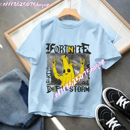 Camiseta azul de algodón para niños Fortress Night, manga corta, diseño kawaii de dibujos animados para niño y niña, ropa de verano, regalo