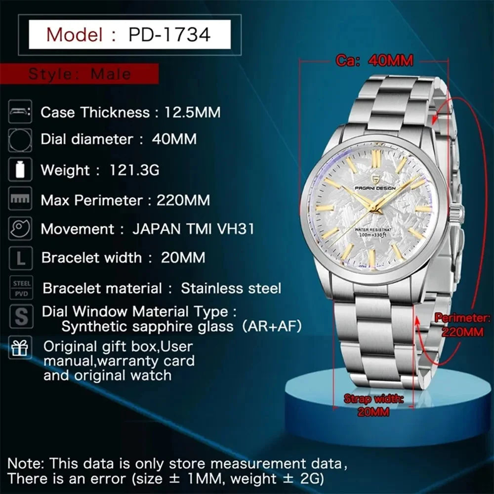 PAGANI DESIGN 40MM Meteorite Dial Men's Quartz Watches Luxury Business Sapphire 316L Stainless Steel 100M Waterproof Watch for Men