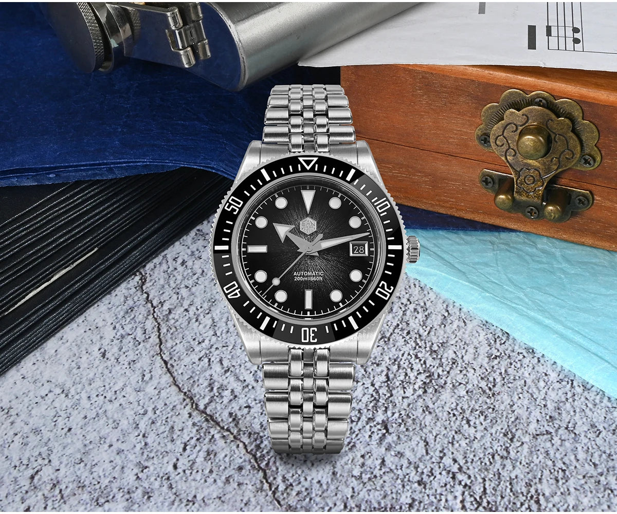 Relógio de mergulho de luxo para homem San Martin 40mm Miyota 9015, mostrador em esmalte sunburst, relógio de pulso mecânico automático, resistente à água 200m, SN0148
