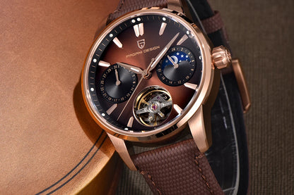 PAGANI DESIGN – Luksuzna mehanska ura za moške, 41 mm, safirno steklo, usnjena zapestnica, vodotesna, v pilotskem slogu, s turbijonom in prikazom lunine faze