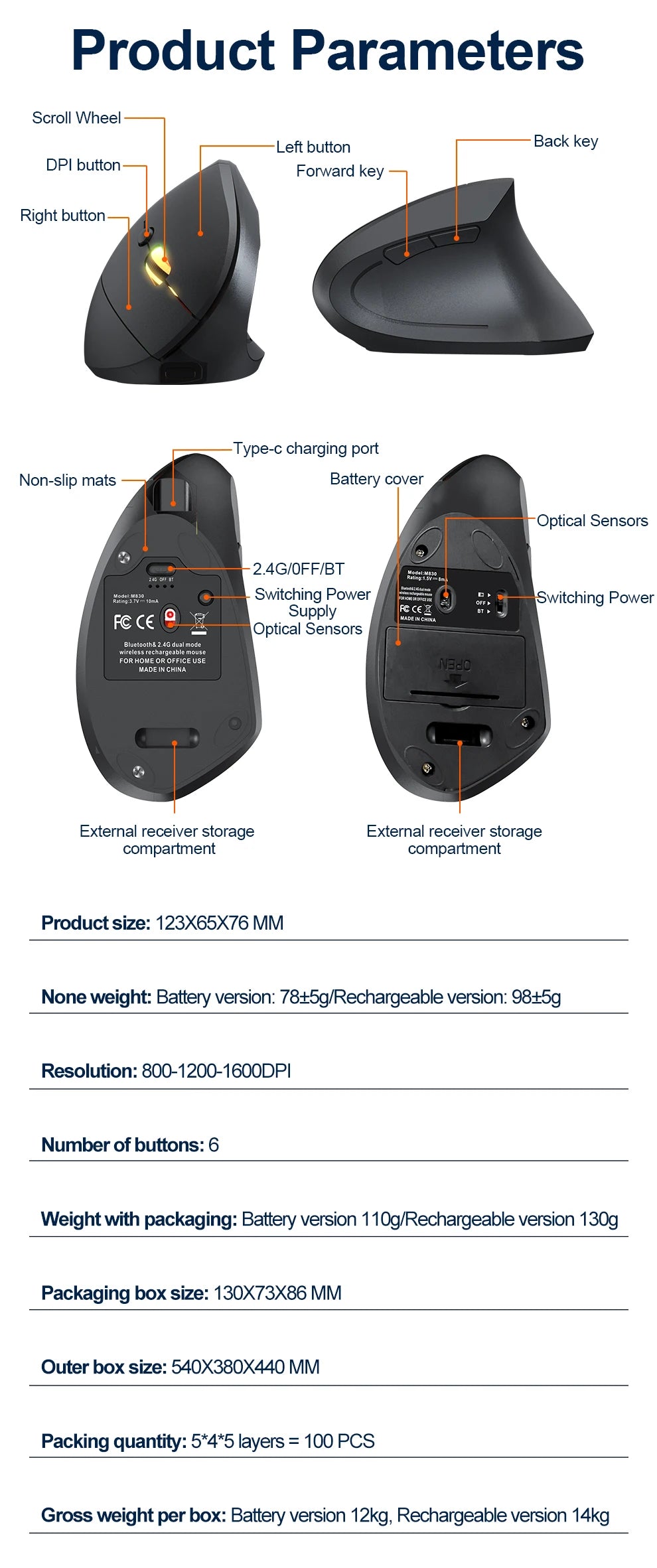 2.4G Bluetooth kabellose vertikale Maus, wiederaufladbar, ergonomisch, 1600DPI einstellbare Gaming-Maus mit 6 Tasten für Laptop, PC und Computer