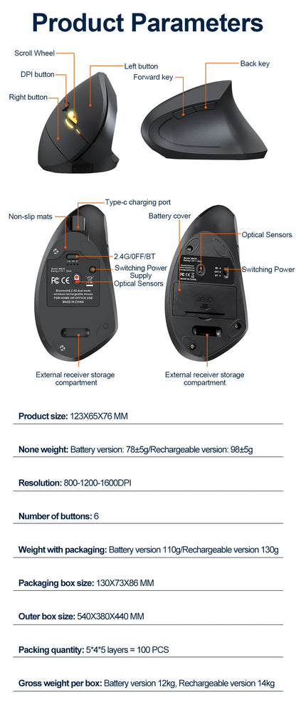 2.4G Bluetooth kabellose vertikale Maus, wiederaufladbar, ergonomisch, 1600DPI einstellbare Gaming-Maus mit 6 Tasten für Laptop, PC und Computer