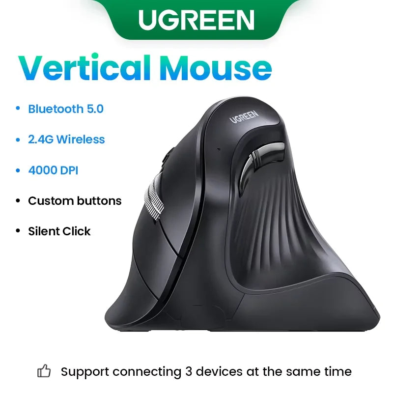 UGREEN Vertical Mouse Wireless Bluetooth 5.0 2.4G Ergonomic 4000DPI 6 Mute Buttons for MacBook Tablet Laptops Computer PC Mice