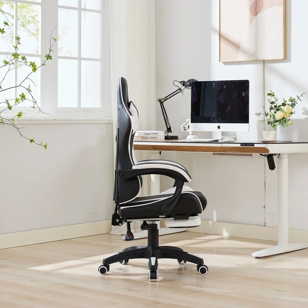 360° Swivel Ergonomic Racing Design Gaming Chair Leather High Back Office Chair Height Adjustable Task Chair, Black & White