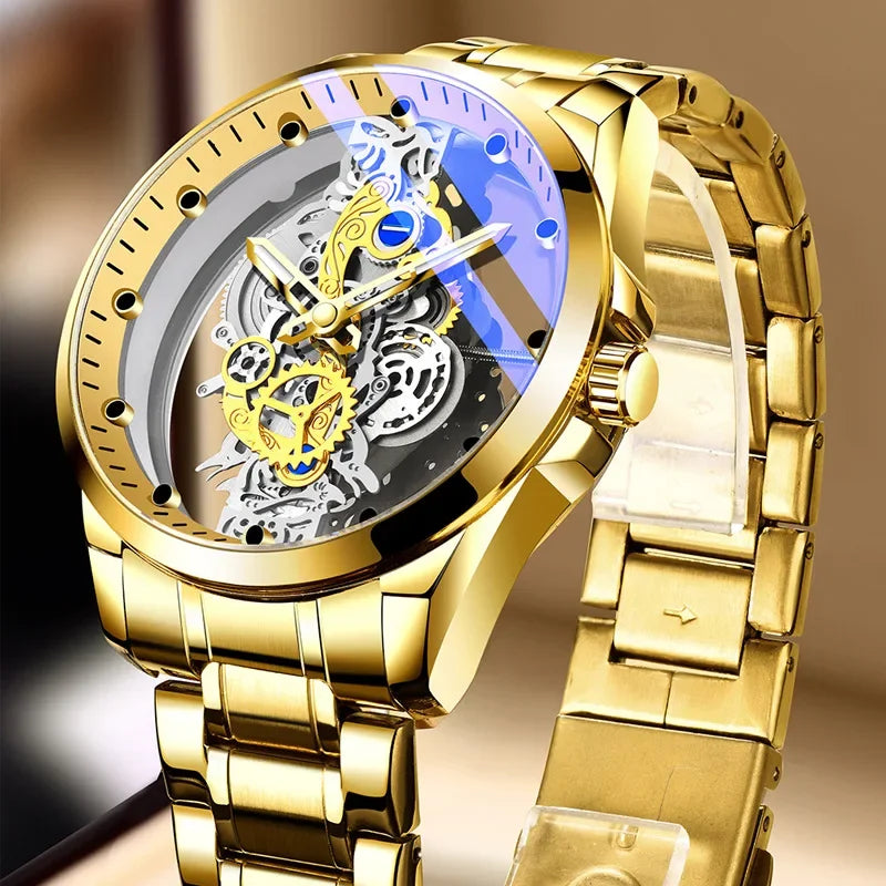 Trendige Herrenuhr, Modell mit doppelter Öffnung, luxuriöser goldfarbener Stil, mechanische Tourbillon-Imitation, Quarzwerk.