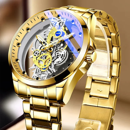 Trendige Herrenuhr, Modell mit doppelter Öffnung, luxuriöser goldfarbener Stil, mechanische Tourbillon-Imitation, Quarzwerk.