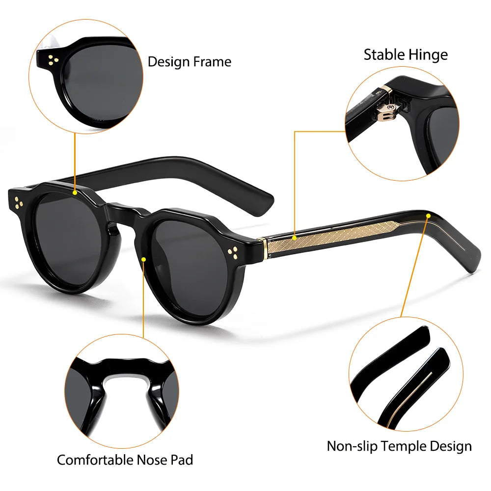 CATERSIDE Retro Round Men's Sunglasses High-Quality Thick Style Women's Outdoor Travel Business Driving Decorative Glasses UV400