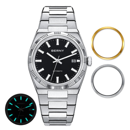 Автоматичен мъжки часовник BERNY, позлатен, сапфирен кристал, луминесцентни стрелки, 100 % оригинален, оборудван с механизъм PT5000, антирефлексно покритие, луксозен модел със сменяема рамка, водоустойчив до 5 ATM.