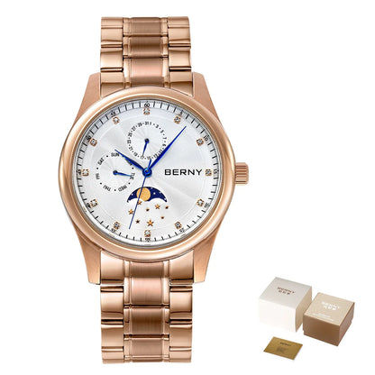 BERNY Men's Watch Date Weeks Moon Phase Quartz Watches for Men Stainless Steel Leather Strap Business Wristwatch Male Clock