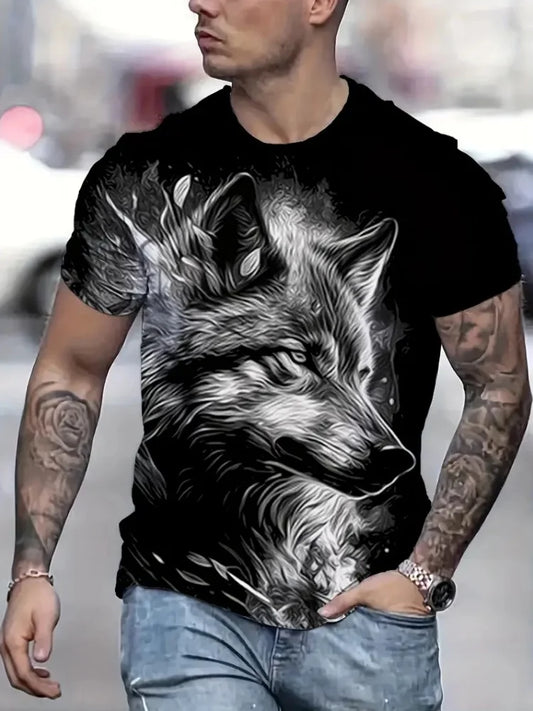 T-shirt Oversized de Verão para Homem com Estampado Gráfico 3D Lobo de Fogo, T-shirt Casual de Manga Curta para Fitness e Moda Masculina