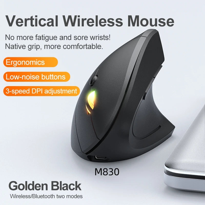 2.4G Bluetooth kabellose vertikale Maus, wiederaufladbar, ergonomisch, 1600DPI einstellbare Gaming-Maus mit 6 Tasten für Laptop, PC und Computer