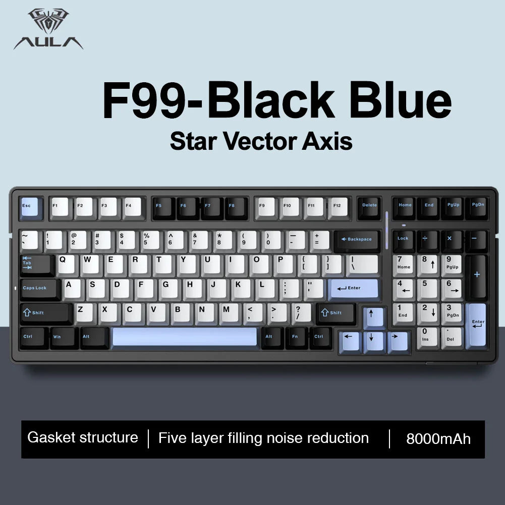 Tastiera meccanica AULA F99 Bluetooth 5.0/2.4G wireless/cablata con montaggio gasket, tastiera gaming 99 tasti, personalizzabile