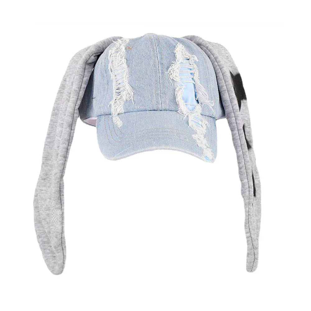 New MinJi Haerin OMG Stage Long Rabbit Ear Hat Y2K Style Denim Blue Baseball Cap Fashion Hip-Pop Cap Couple Birthday Gifts