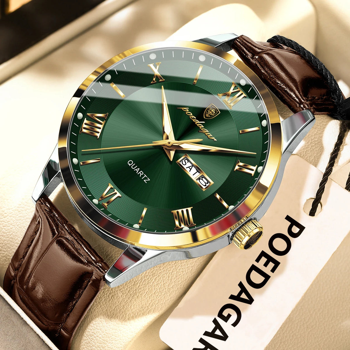 Montre homme tendance POEDAGAR, bracelet en cuir, date et semaine, montre à quartz de luxe, étanche, lumineuse, style business décontracté.