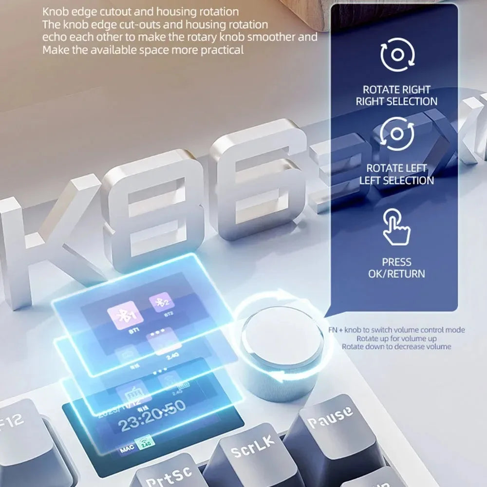 Attack Shark K86 Wireless Mechanical Keyboard, TFT Display, Metal Knob, RGB Backlit, Hot-Swappable, Bluetooth for Gaming & Office