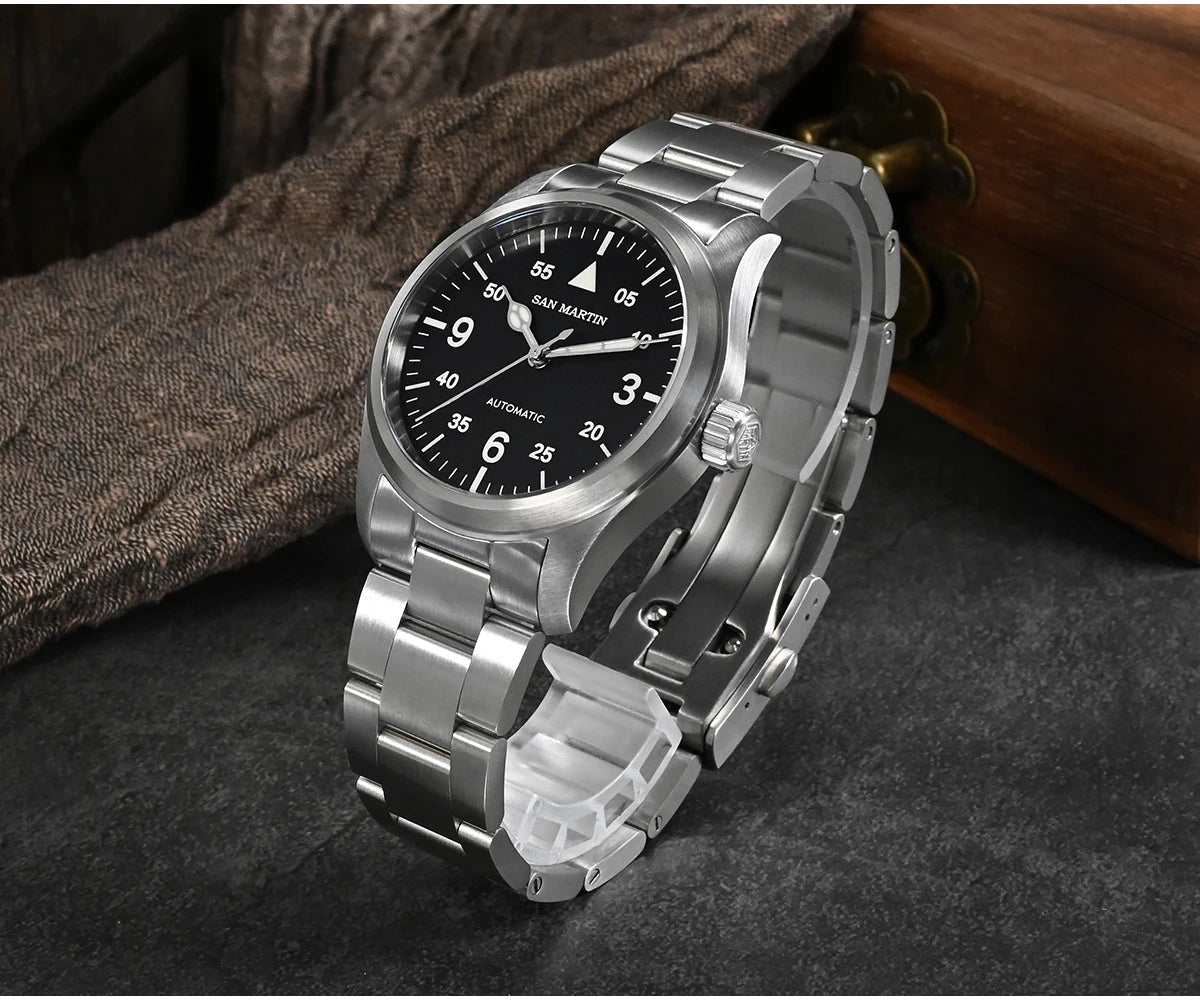 San Martin Men Pilot Watch 37mm Miyota 8215 Fashion Simple Style Military Automatic Mechanical Watches 100m Waterproof BGW-9