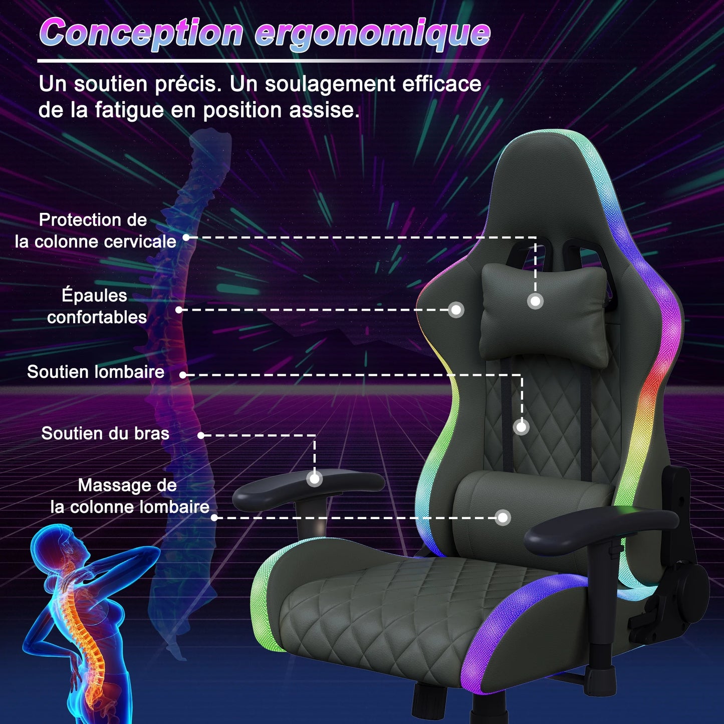 Ergonomic Office Chair with Lumbar Massage, RGB LED Lighting, Reclining Backrest, Adjustable Armrests & Executive Gaming Chair for Home Office