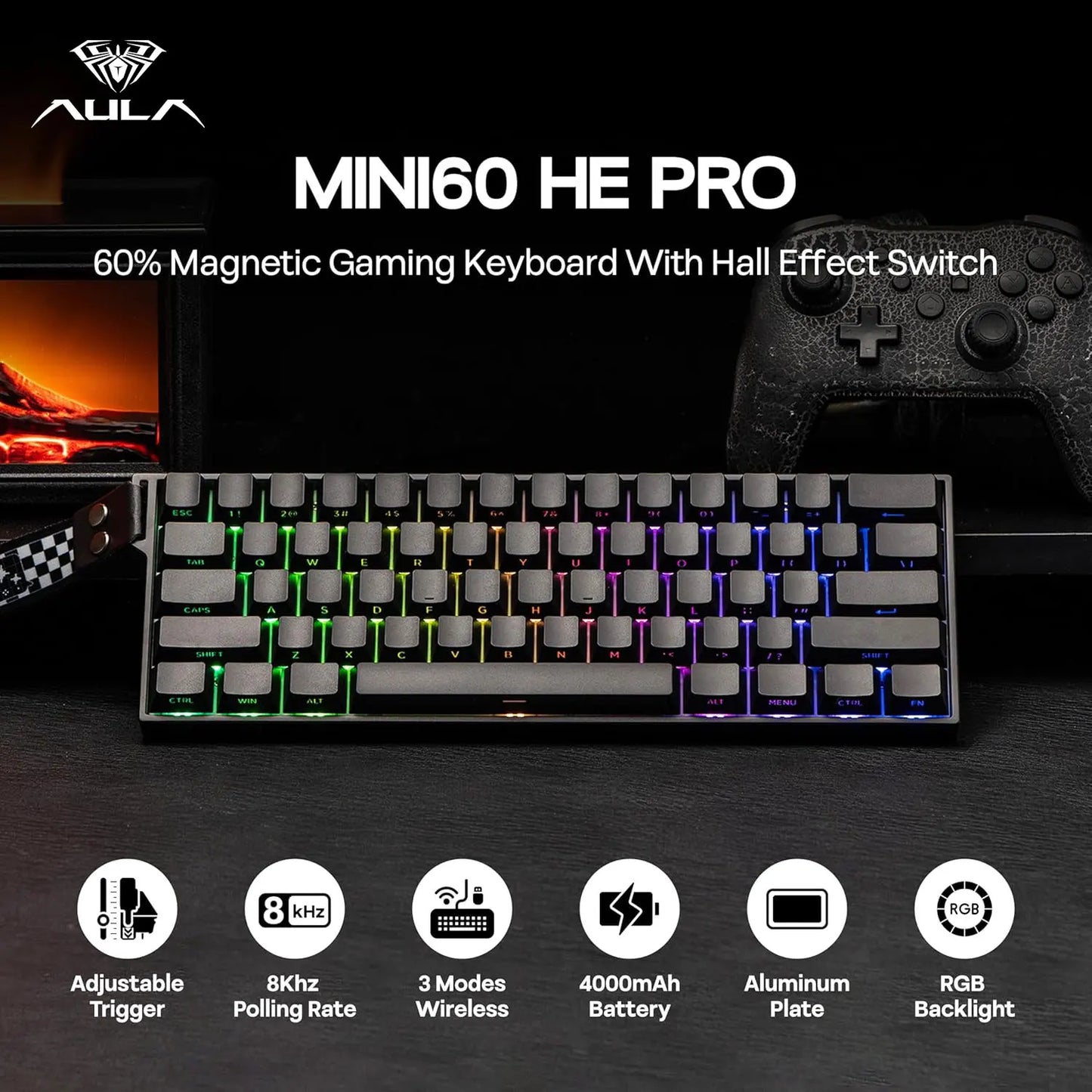 Teclado Gaming Mecânico AULA Mini60 HE/Pro/Max 60% com Switches Magnéticos, RGB, Tri-Mode, 8000Hz, RT 0.01mm, para E-Sports e Presentes