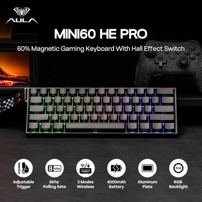 Teclado Gaming Mecânico AULA Mini60 HE/Pro/Max 60% com Switches Magnéticos, RGB, Tri-Mode, 8000Hz, RT 0.01mm, para E-Sports e Presentes