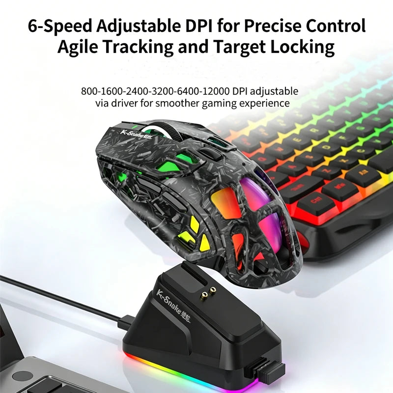 Lenovo Tri-Mode Gaming Mouse Wireless with RGB Charging Dock, 12000DPI Ergonomic Rechargeable Mouse, Bluetooth 2.4G USB Mouse for PC Laptop