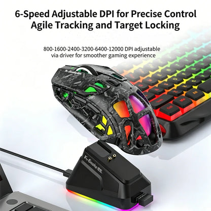 Lenovo Tri-Mode Gaming Mouse Wireless with RGB Charging Dock, 12000DPI Ergonomic Rechargeable Mouse, Bluetooth 2.4G USB Mouse for PC Laptop