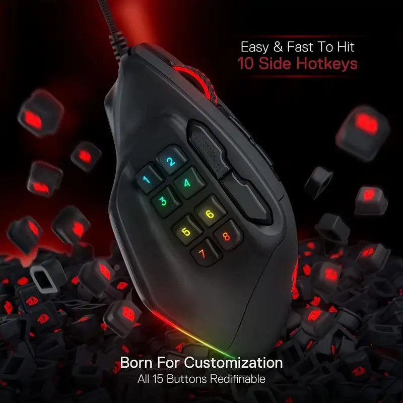 Redragon M811 Aatrox MMO žaidimų pelė, 15 programuojamų mygtukų, laidinė RGB žaidėjų pelė su ergonomiška natūralaus suėmimo konstrukcija