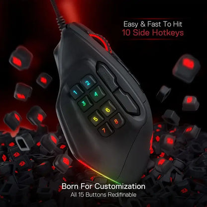 Redragon M811 Aatrox MMO žaidimų pelė, 15 programuojamų mygtukų, laidinė RGB žaidėjų pelė su ergonomiška natūralaus suėmimo konstrukcija