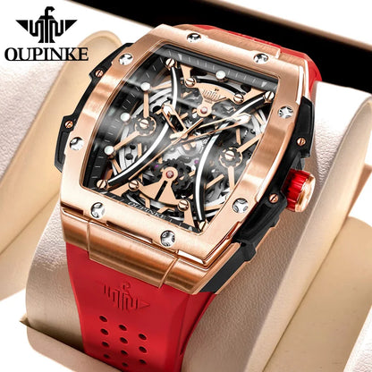 Reloj OUPINKE para hombre, clásico de lujo, esfera tonneau, marca premium original, movimiento mecánico automático, correa de silicona, cristal de zafiro, nuevo