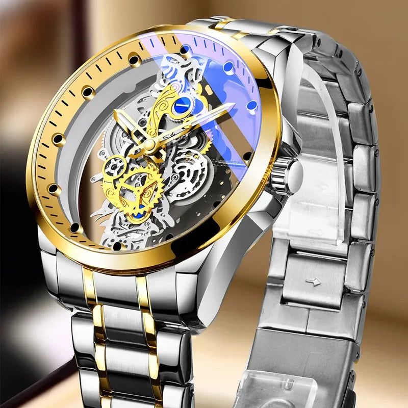 Trendige Herrenuhr, Modell mit doppelter Öffnung, luxuriöser goldfarbener Stil, mechanische Tourbillon-Imitation, Quarzwerk.